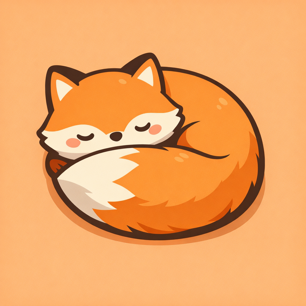 lisek zwinięty w ogon na pastel orange, minimal flat kawaii art